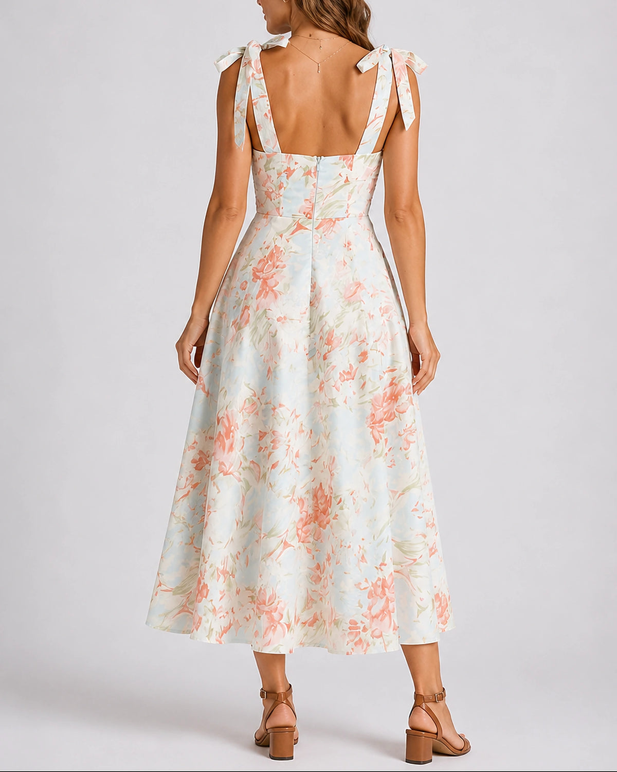 Women's Floral Midi Dress with Tie Shoulders and A-Line Skirt – Phoebe Lou