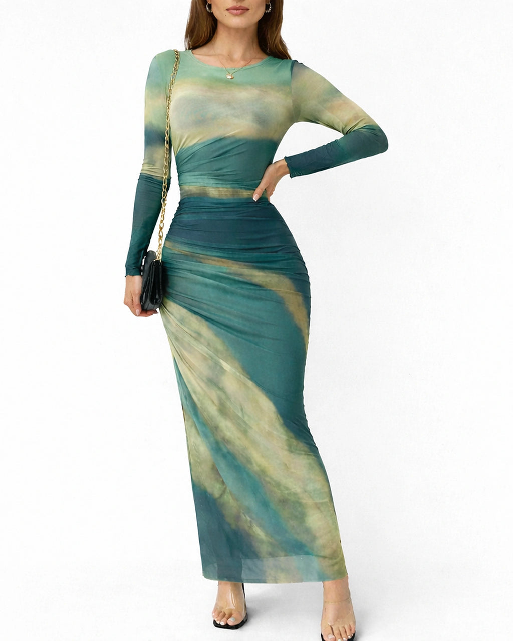 Women's Long Sleeve Ombre Print Maxi Dress with Ruched Detailing – Olive Grey