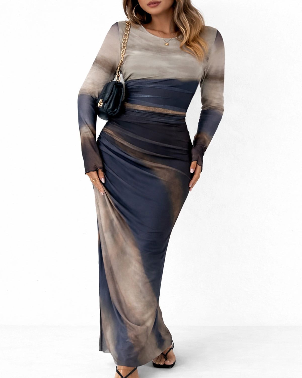Women's Long Sleeve Ombre Print Maxi Dress with Ruched Detailing – Olive Grey