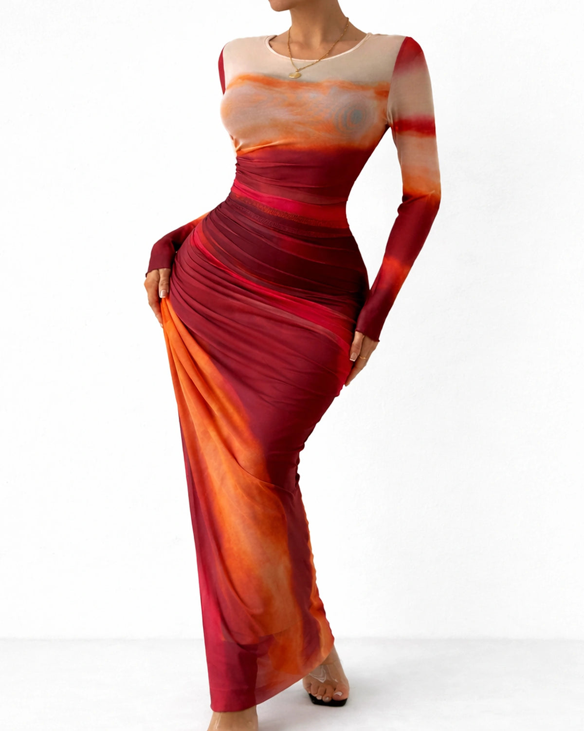 Women's Long Sleeve Ombre Print Maxi Dress with Ruched Detailing – Olive Grey