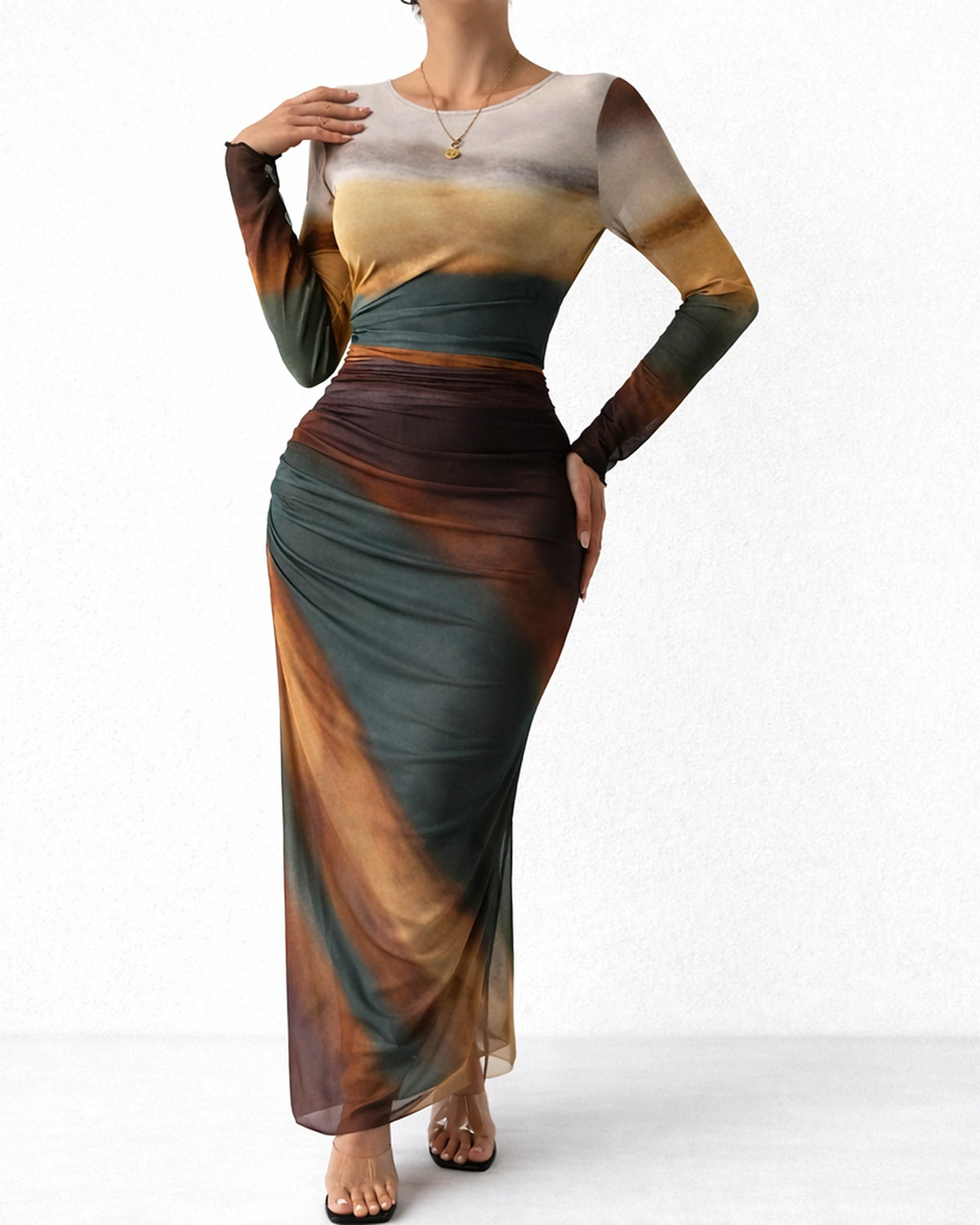 Women's Long Sleeve Ombre Print Maxi Dress with Ruched Detailing – Olive Grey