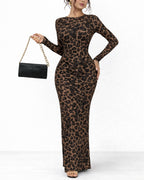 Women's Long Sleeve Ombre Print Maxi Dress with Ruched Detailing – Olive Grey