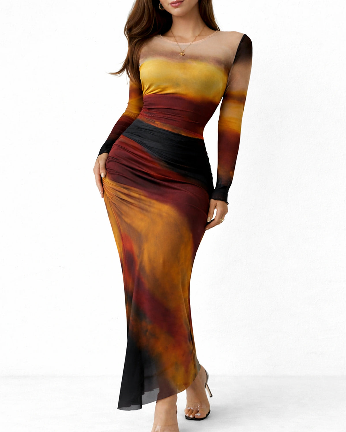 Women's Long Sleeve Ombre Print Maxi Dress with Ruched Detailing – Olive Grey