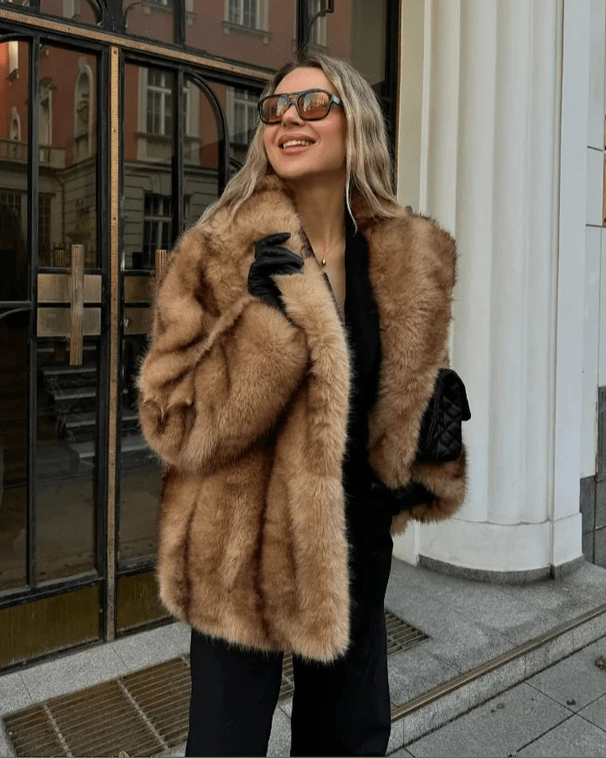 Women's Shaggy Faux Fur Coat with Turn-Down Collar in Brown – Aurora Grey