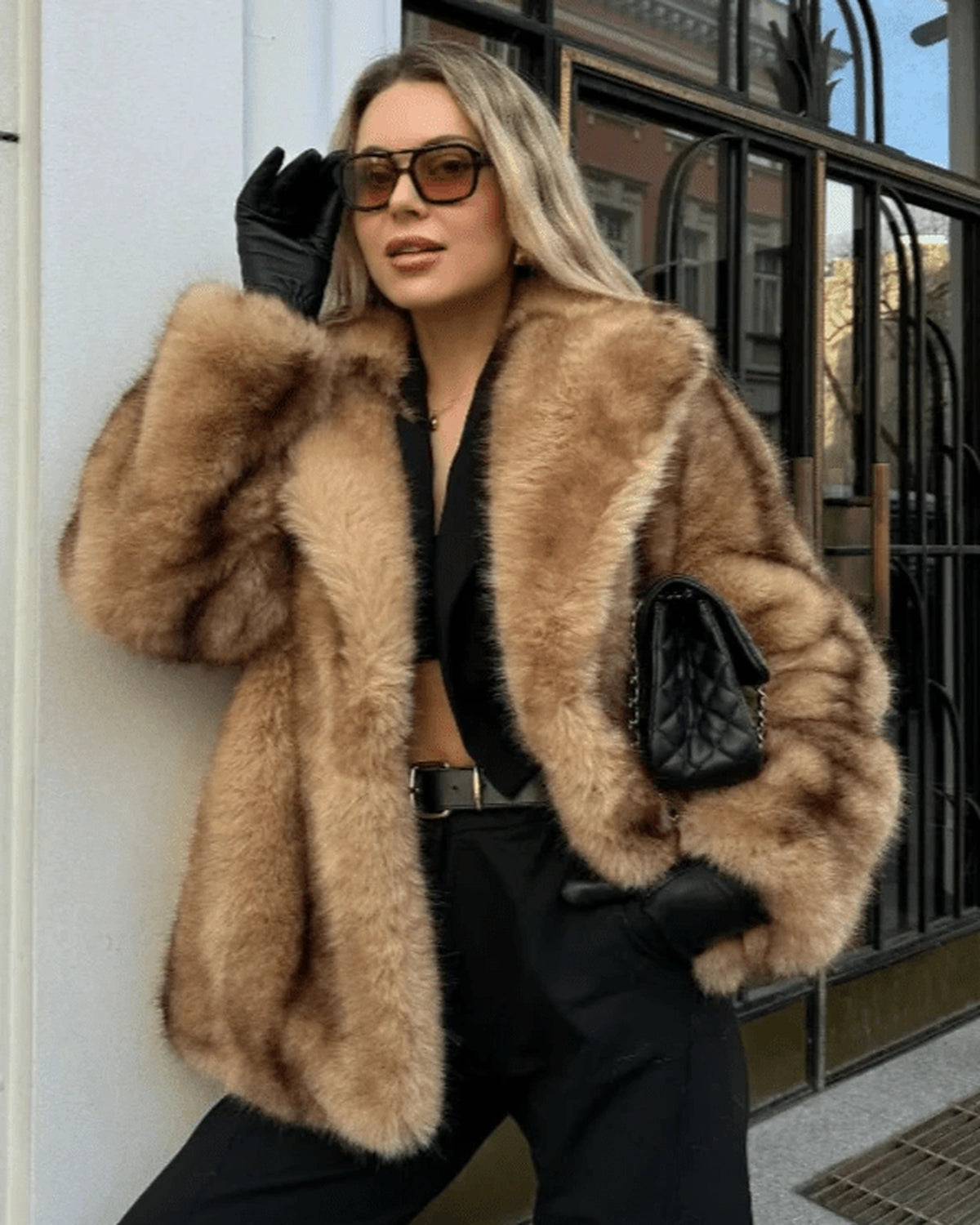 Women's Shaggy Faux Fur Coat with Turn-Down Collar in Brown – Aurora Grey