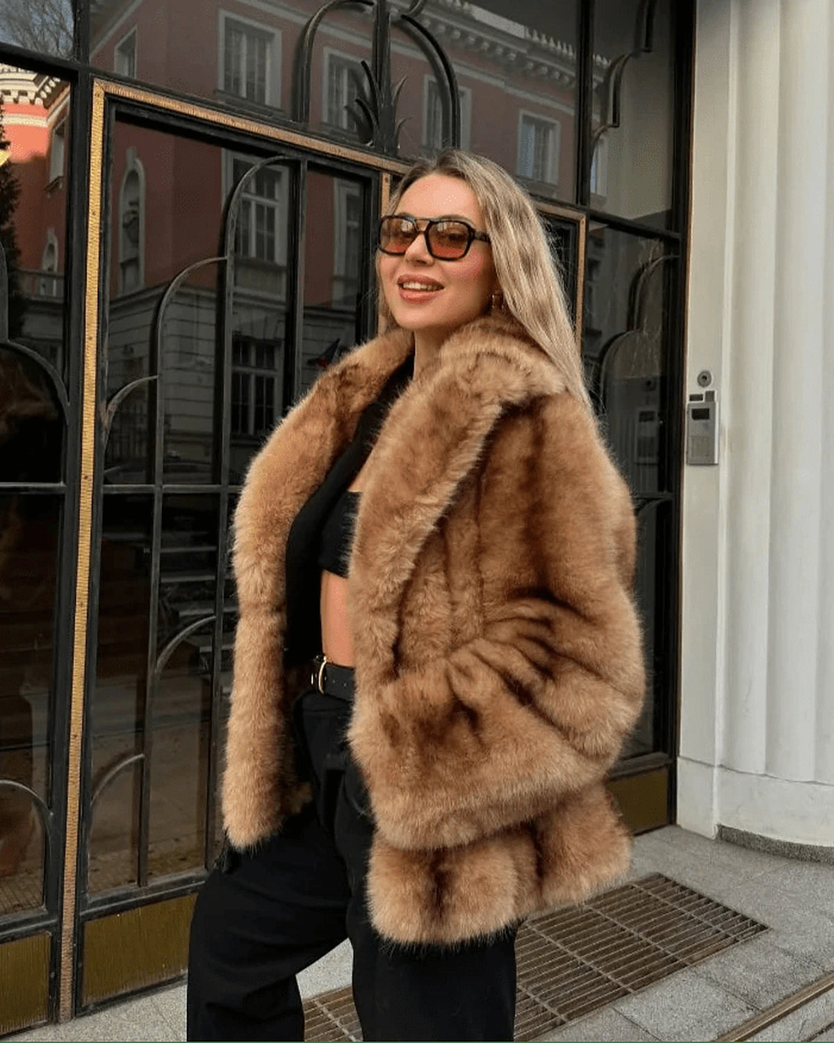 Women's Shaggy Faux Fur Coat with Turn-Down Collar in Brown – Aurora Grey