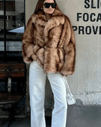 Women's Shaggy Faux Fur Coat with Turn-Down Collar in Brown – Aurora Grey