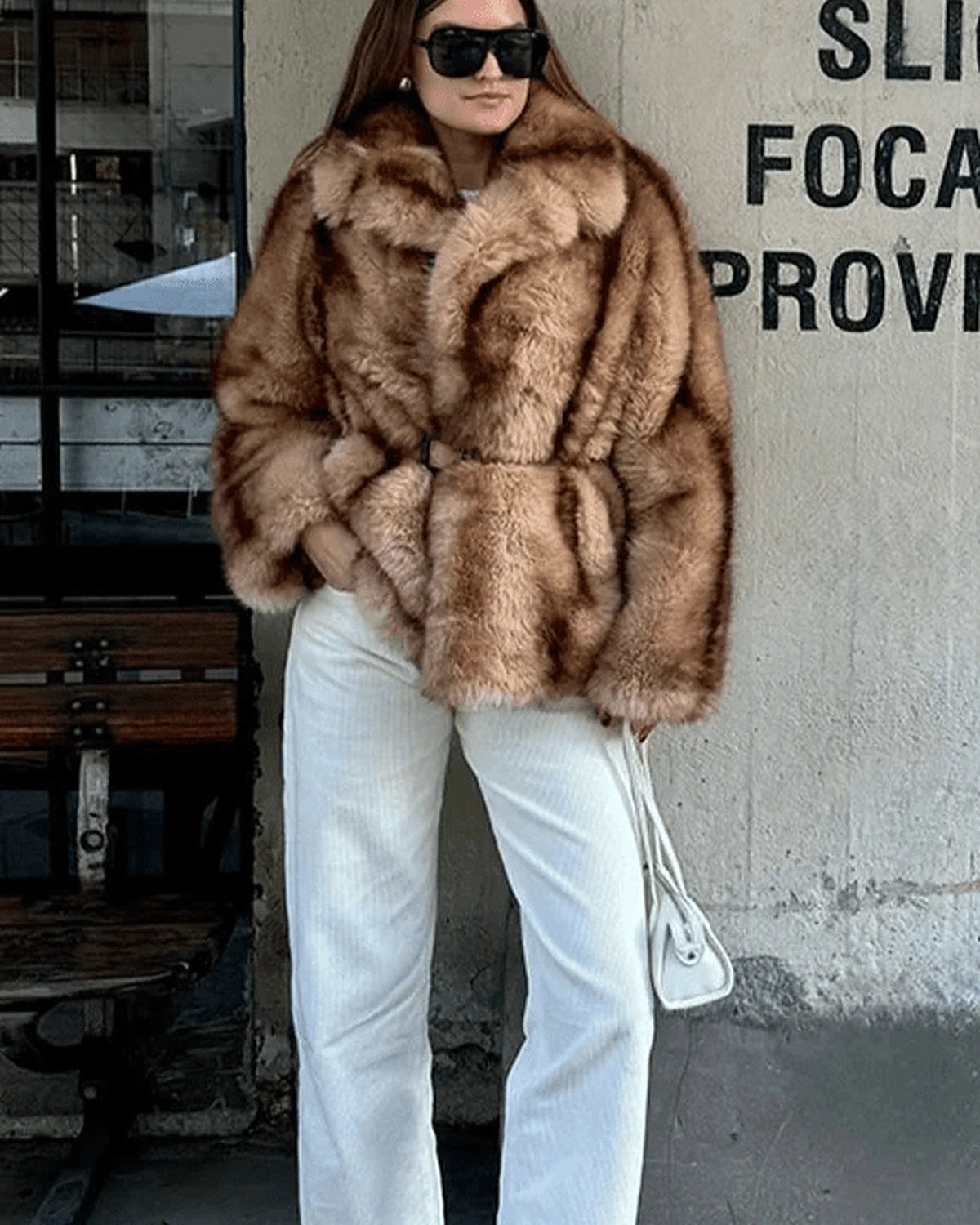 Women's Shaggy Faux Fur Coat with Turn-Down Collar in Brown – Aurora Grey