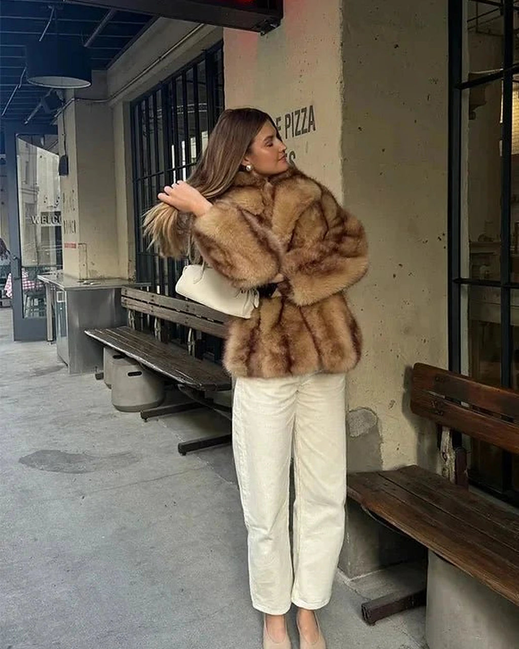 Women's Shaggy Faux Fur Coat with Turn-Down Collar in Brown – Aurora Grey