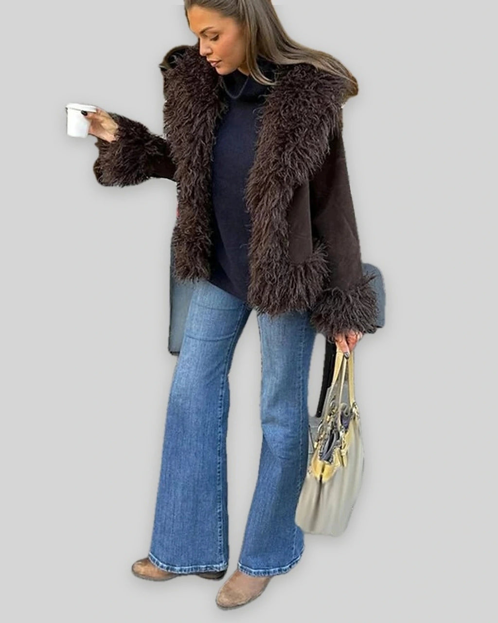 Women's Shaggy Faux Fur Trim Suede-Look Jacket with Open Front in Brown – Uma Jane