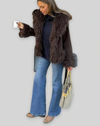 Women's Shaggy Faux Fur Trim Suede-Look Jacket with Open Front in Brown – Uma Jane