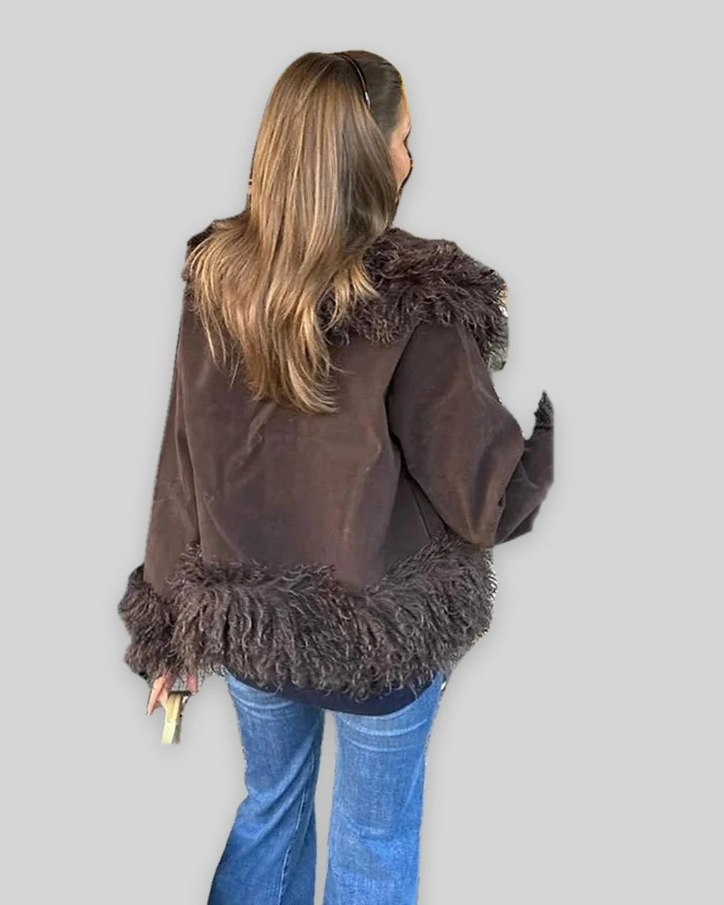 Women's Shaggy Faux Fur Trim Suede-Look Jacket with Open Front in Brown – Uma Jane