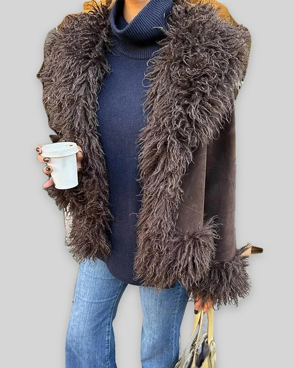 Women's Shaggy Faux Fur Trim Suede-Look Jacket with Open Front in Brown – Uma Jane