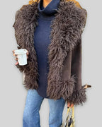Women's Shaggy Faux Fur Trim Suede-Look Jacket with Open Front in Brown – Uma Jane