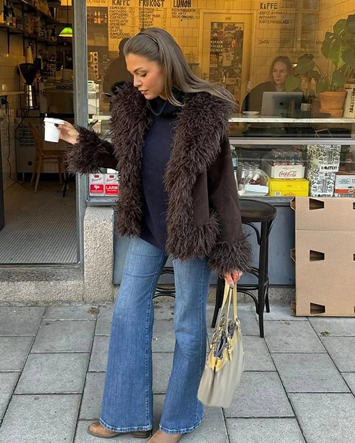 Women's Shaggy Faux Fur Trim Suede-Look Jacket with Open Front in Brown – Uma Jane