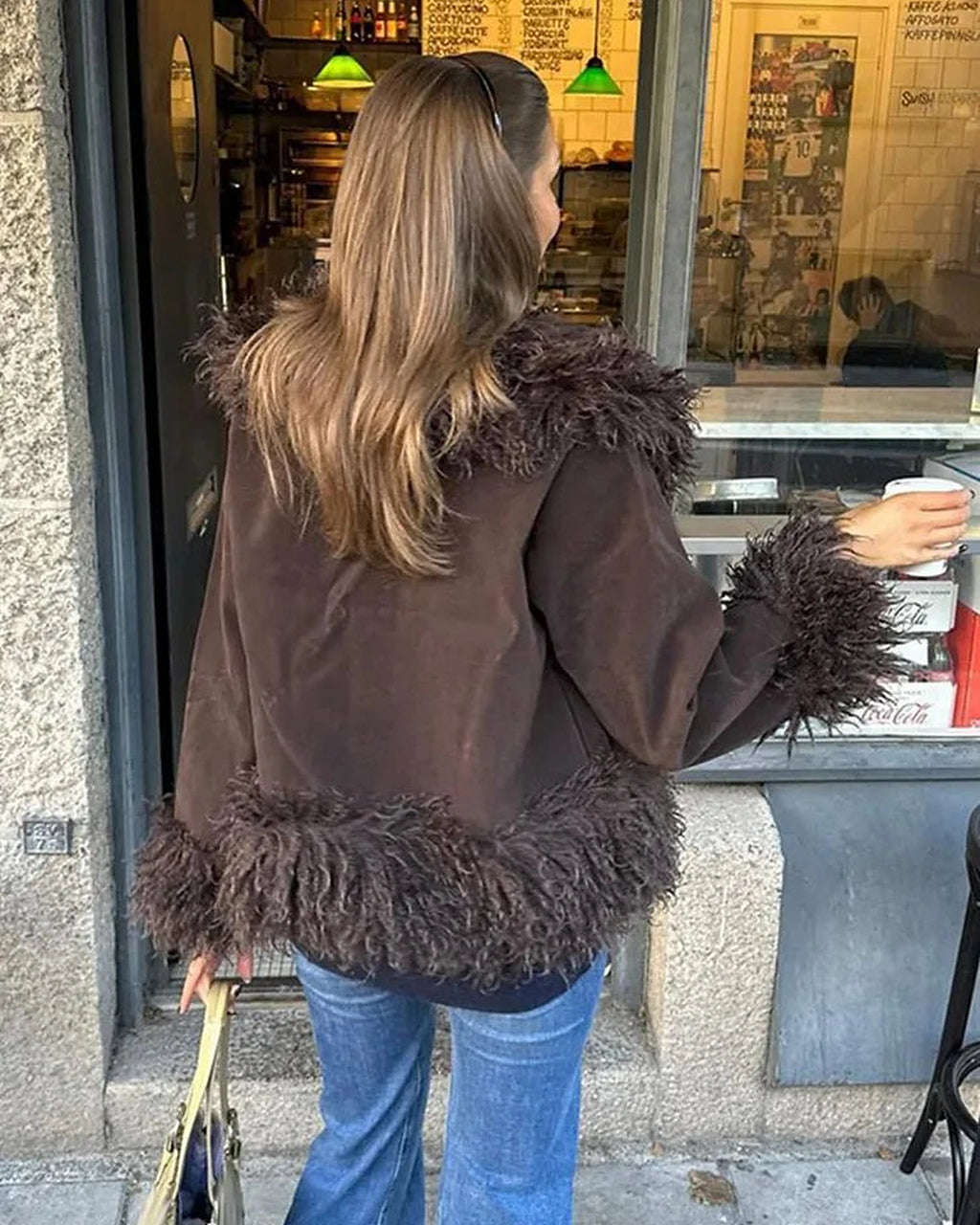 Women's Shaggy Faux Fur Trim Suede-Look Jacket with Open Front in Brown – Uma Jane