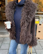 Women's Shaggy Faux Fur Trim Suede-Look Jacket with Open Front in Brown – Uma Jane