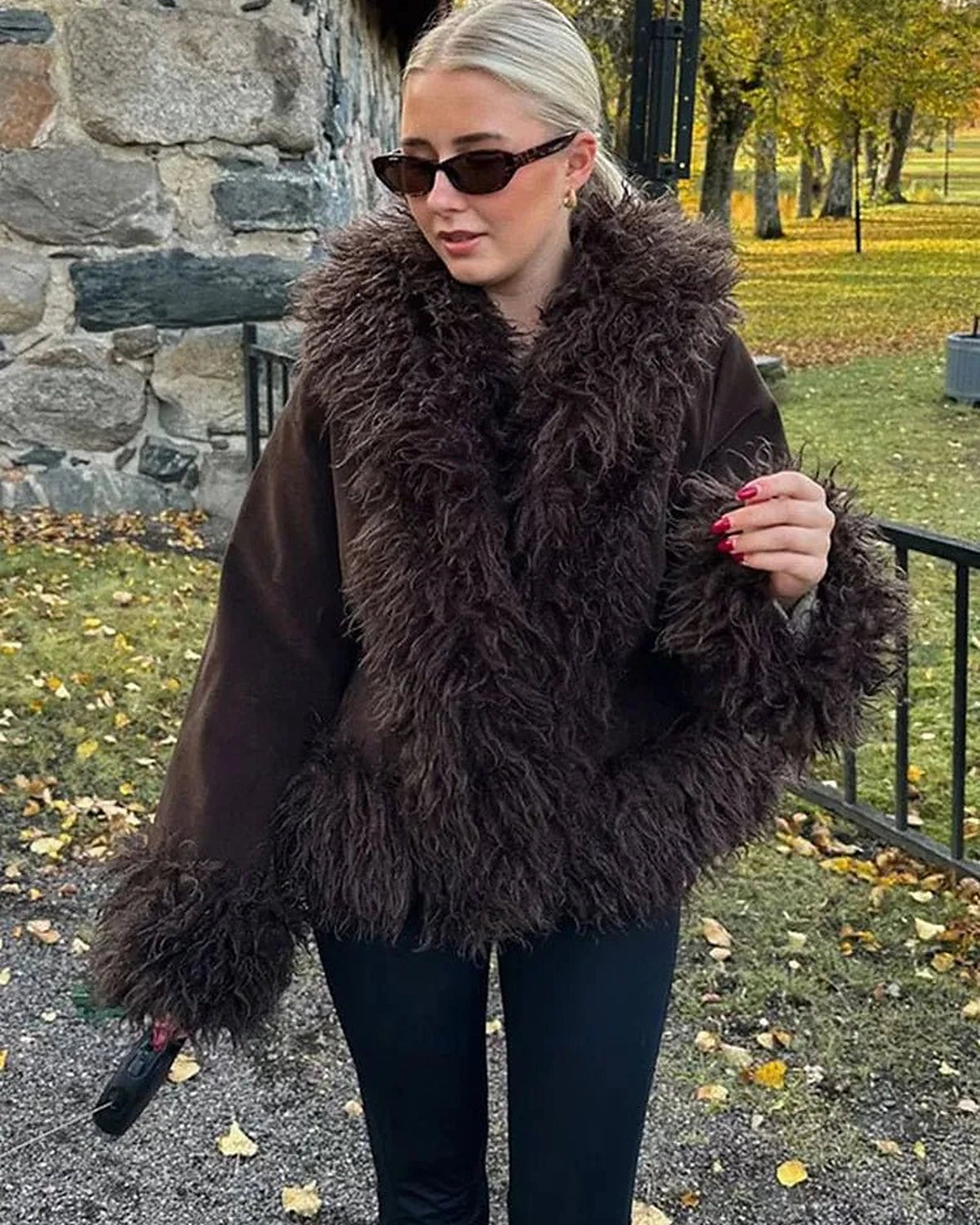 Women's Shaggy Faux Fur Trim Suede-Look Jacket with Open Front in Brown – Uma Jane