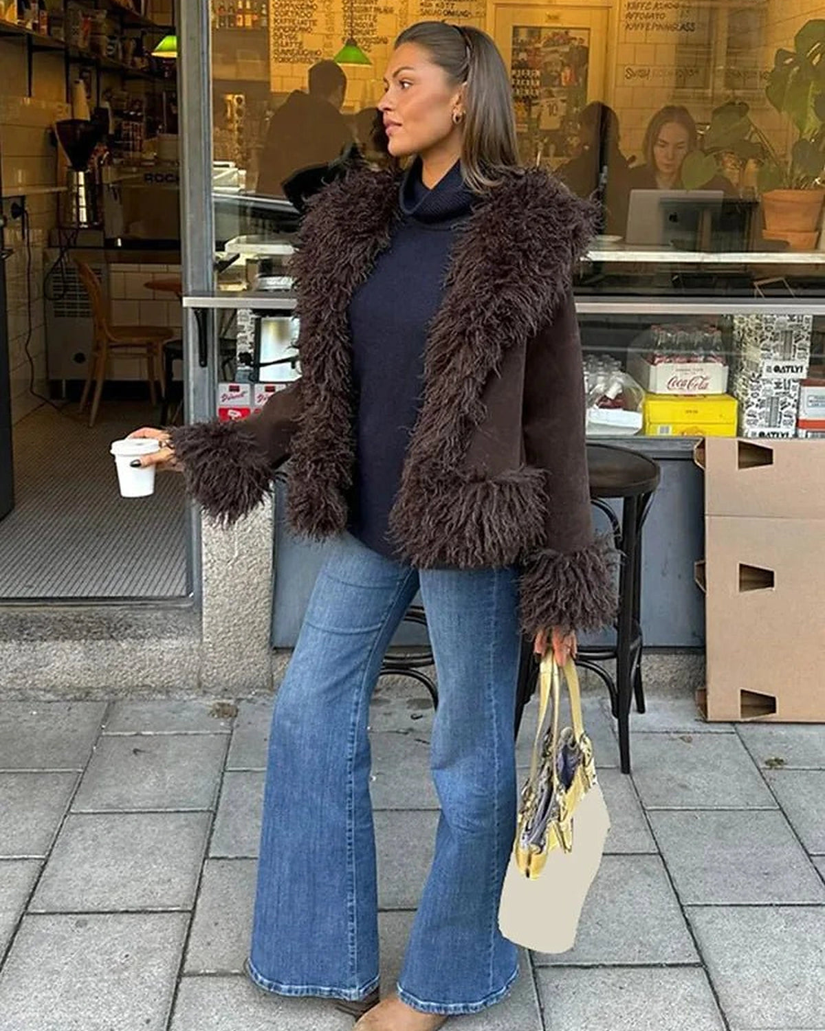 Women's Shaggy Faux Fur Trim Suede-Look Jacket with Open Front in Brown – Uma Jane
