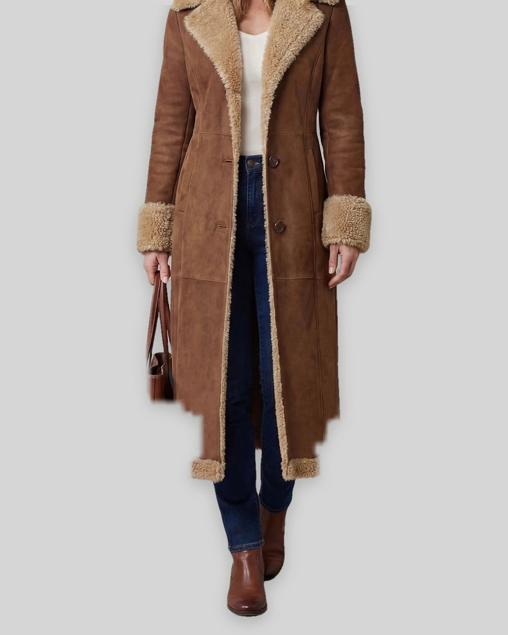 Women's Shearling Coat, Longline Suede-Look with Lapel Collar in Brown – Lottie Belle