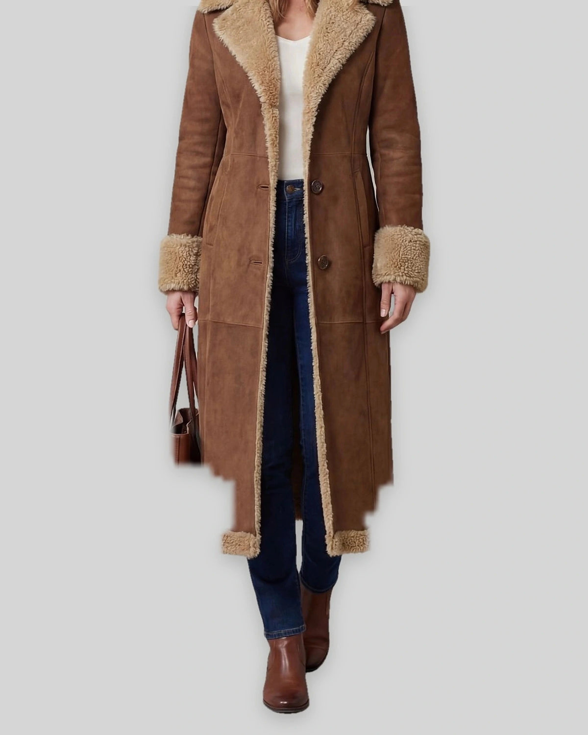 Women's Shearling Coat, Longline Suede-Look with Lapel Collar in Brown – Lottie Belle