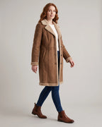 Women's Shearling Coat, Longline Suede-Look with Lapel Collar in Brown – Lottie Belle