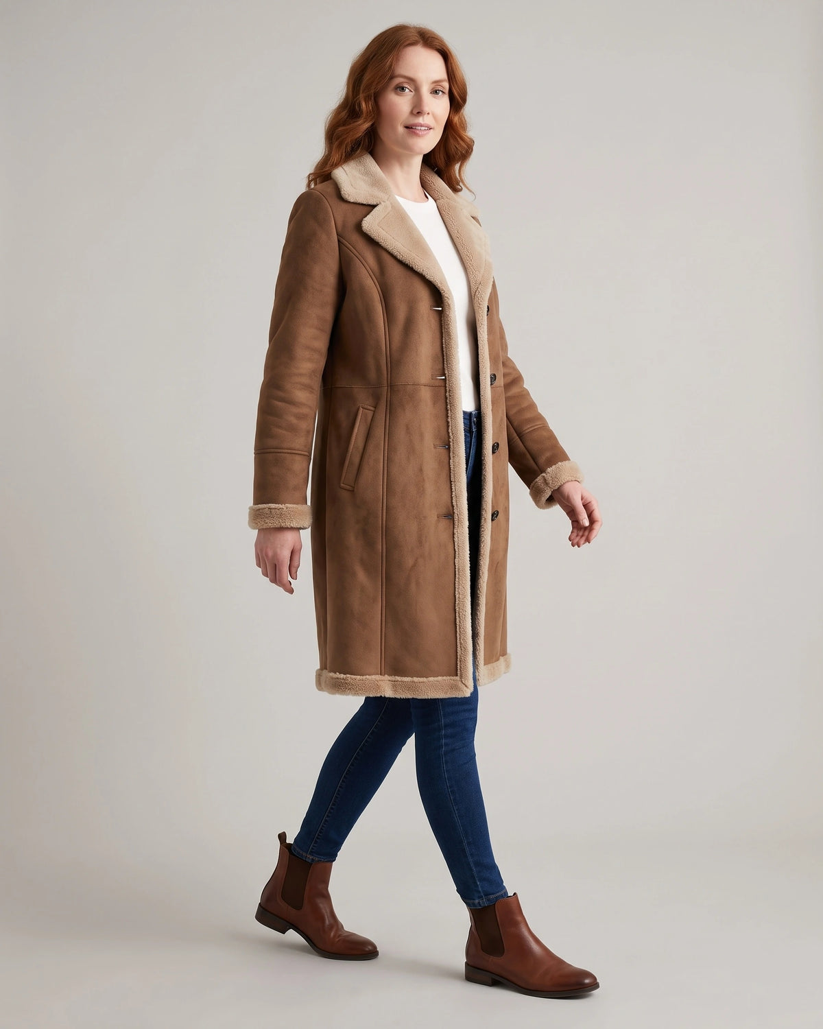 Women's Shearling Coat, Longline Suede-Look with Lapel Collar in Brown – Lottie Belle