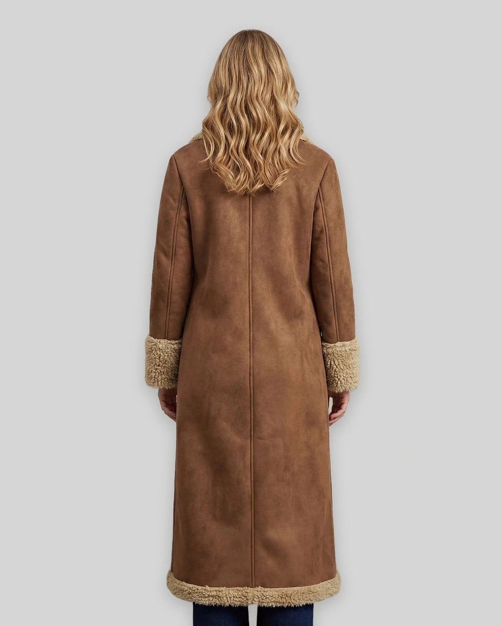 Women's Shearling Coat, Longline Suede-Look with Lapel Collar in Brown – Lottie Belle