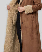 Women's Shearling Coat, Longline Suede-Look with Lapel Collar in Brown – Lottie Belle