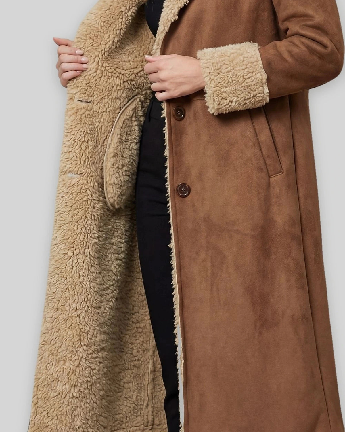 Women's Shearling Coat, Longline Suede-Look with Lapel Collar in Brown – Lottie Belle