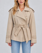 Women's Short Trench Coat with Wide Lapel Collar and Waist Belt, Double-Breasted – Rosa