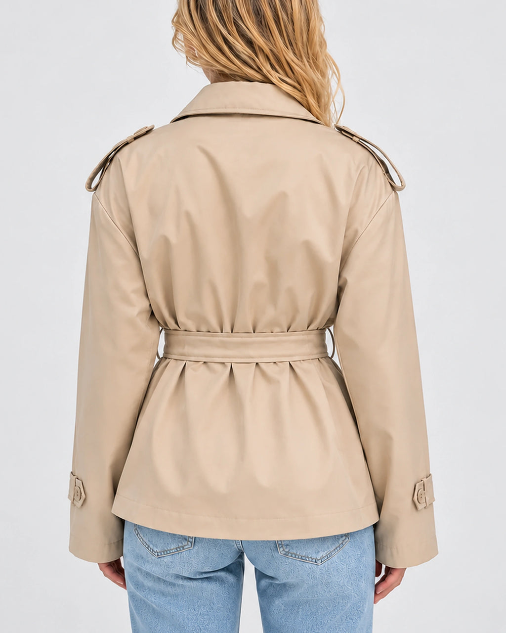 Women's Short Trench Coat with Wide Lapel Collar and Waist Belt, Double-Breasted – Rosa