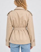 Women's Short Trench Coat with Wide Lapel Collar and Waist Belt, Double-Breasted – Rosa