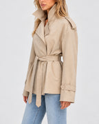 Women's Short Trench Coat with Wide Lapel Collar and Waist Belt, Double-Breasted – Rosa