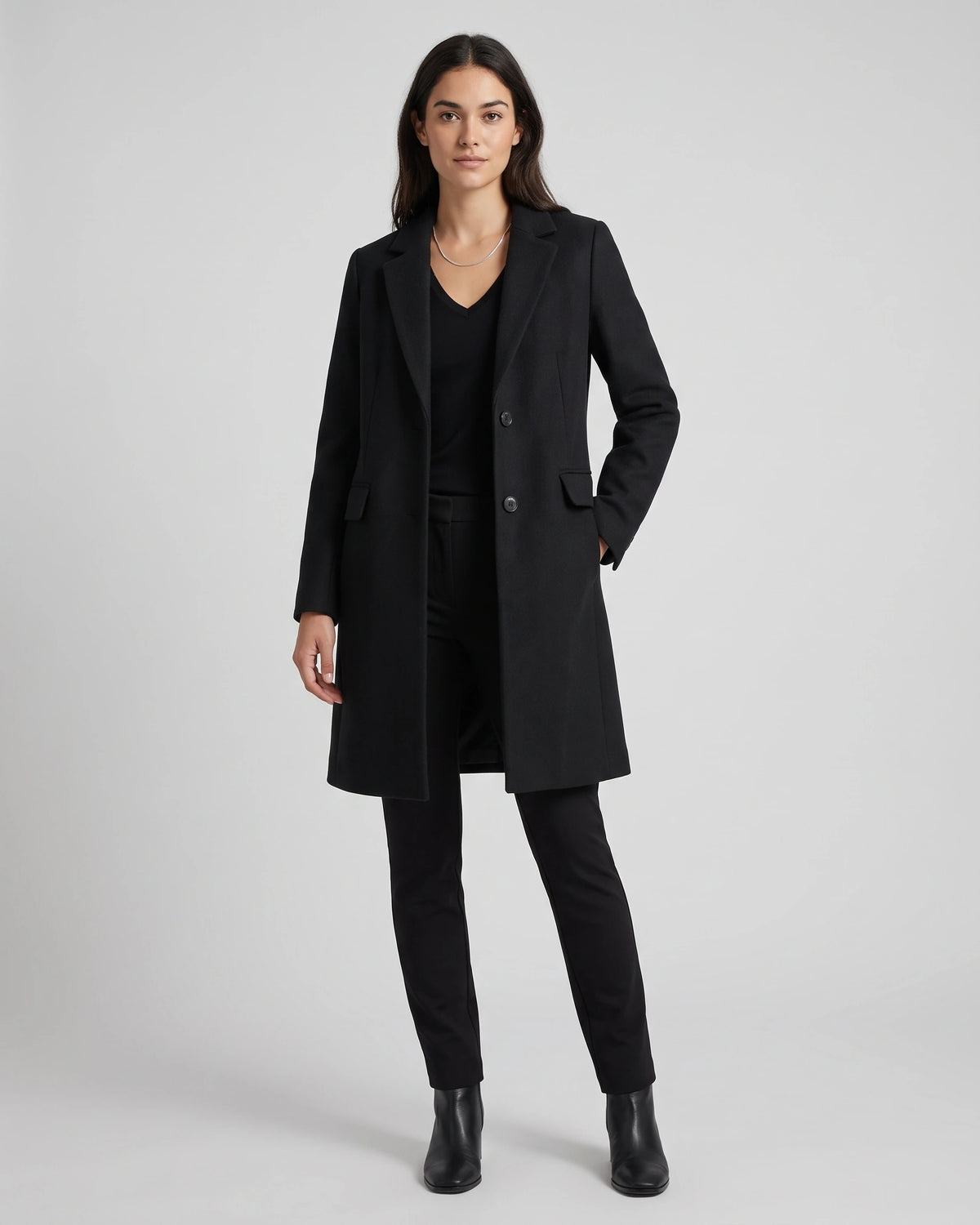 Women's Wool Overcoat, Single Breasted Long Coat with Notch Lapel and Flap Pockets – Violet Grey