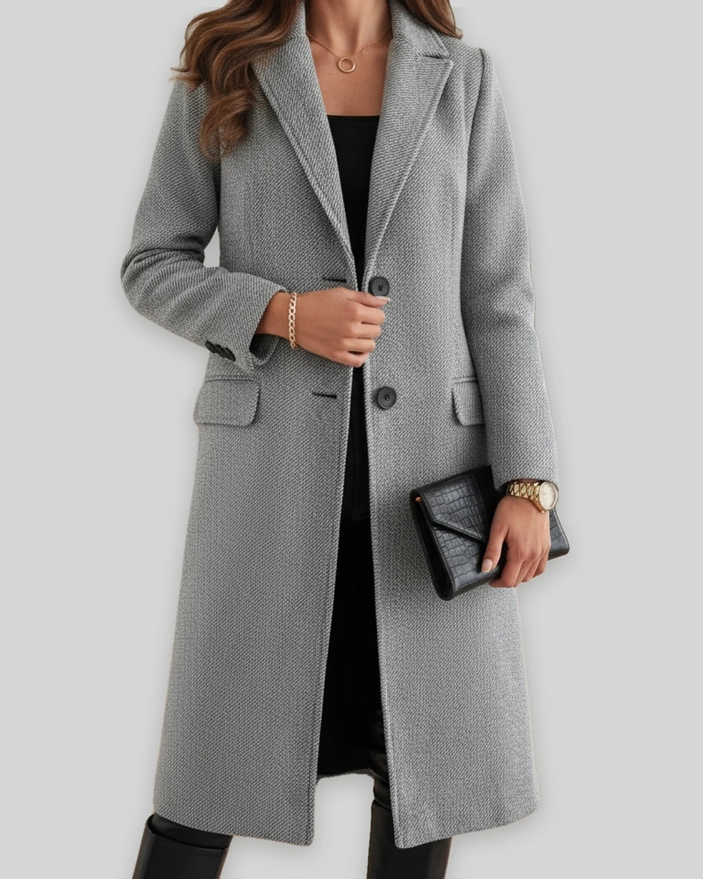 Women's Wool Overcoat, Single Breasted Long Coat with Notch Lapel and Flap Pockets – Violet Grey