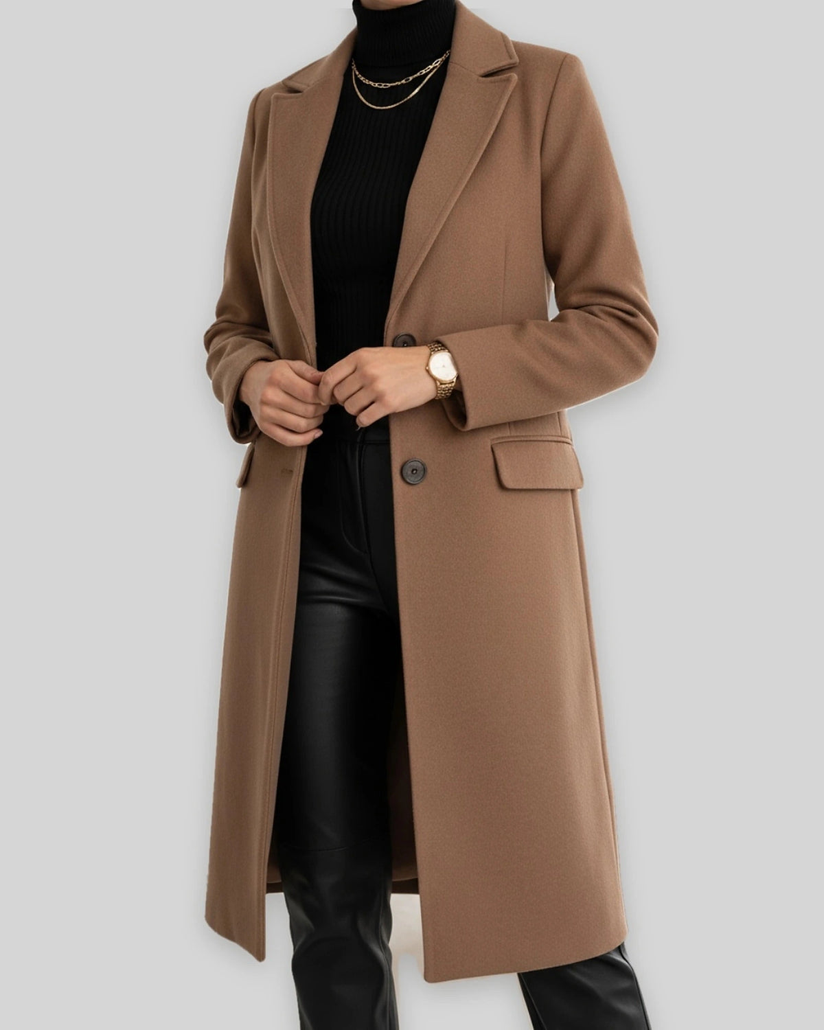 Women's Wool Overcoat, Single Breasted Long Coat with Notch Lapel and Flap Pockets – Violet Grey