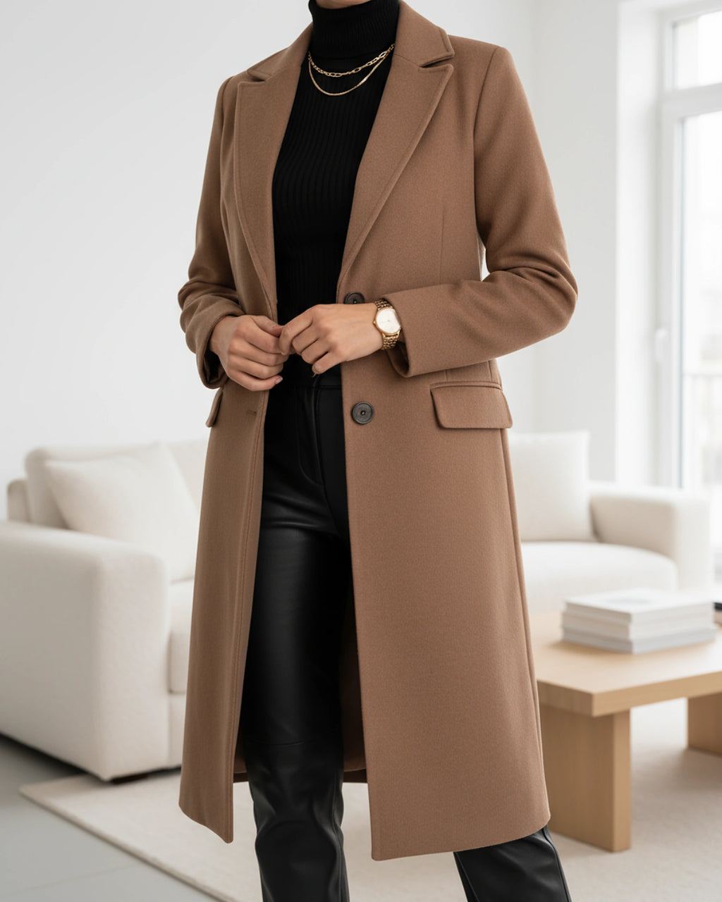 Women's Wool Overcoat, Single Breasted Long Coat with Notch Lapel and Flap Pockets – Violet Grey