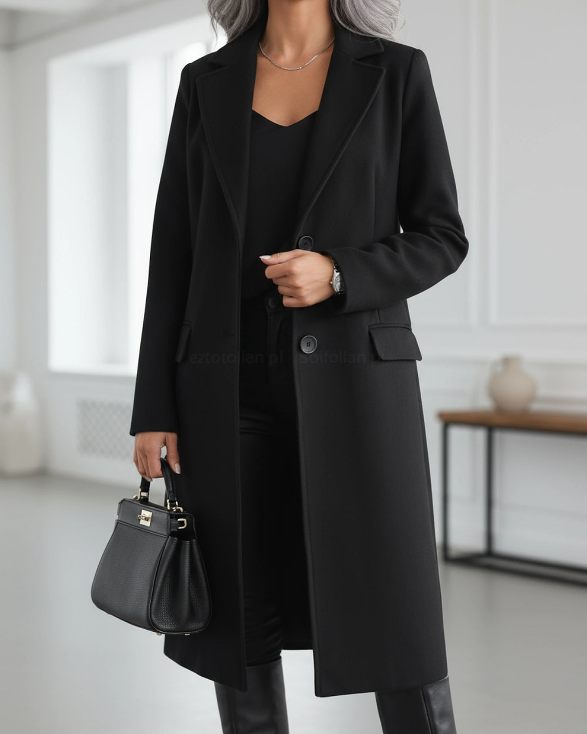 Women's Wool Overcoat, Single Breasted Long Coat with Notch Lapel and Flap Pockets – Violet Grey