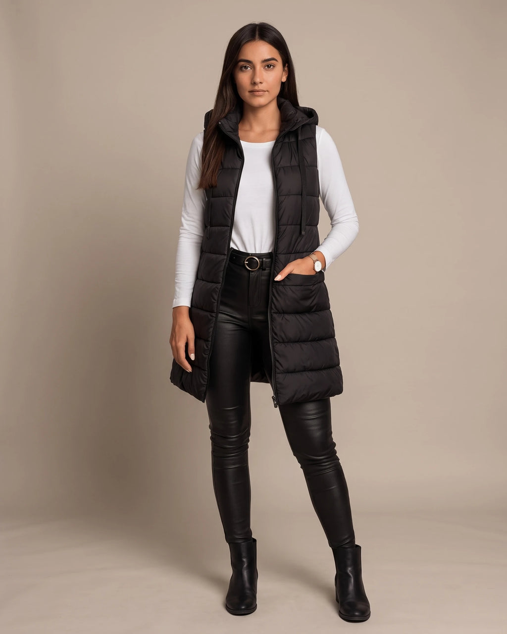 Women's Hooded Puffer Gilet Body Warmer, Longline with Front Zip and Slip Pockets – Wilhelmina