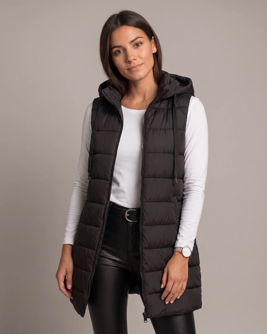 Women's Hooded Puffer Gilet Body Warmer, Longline with Front Zip and Slip Pockets – Wilhelmina