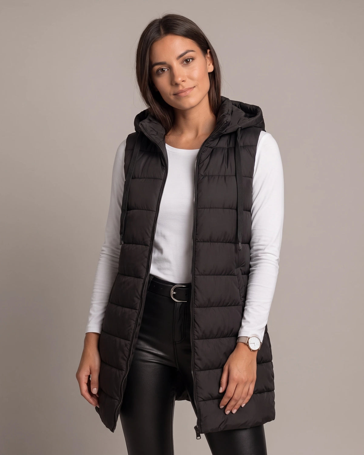 Women's Hooded Puffer Gilet Body Warmer, Longline with Front Zip and Slip Pockets – Wilhelmina