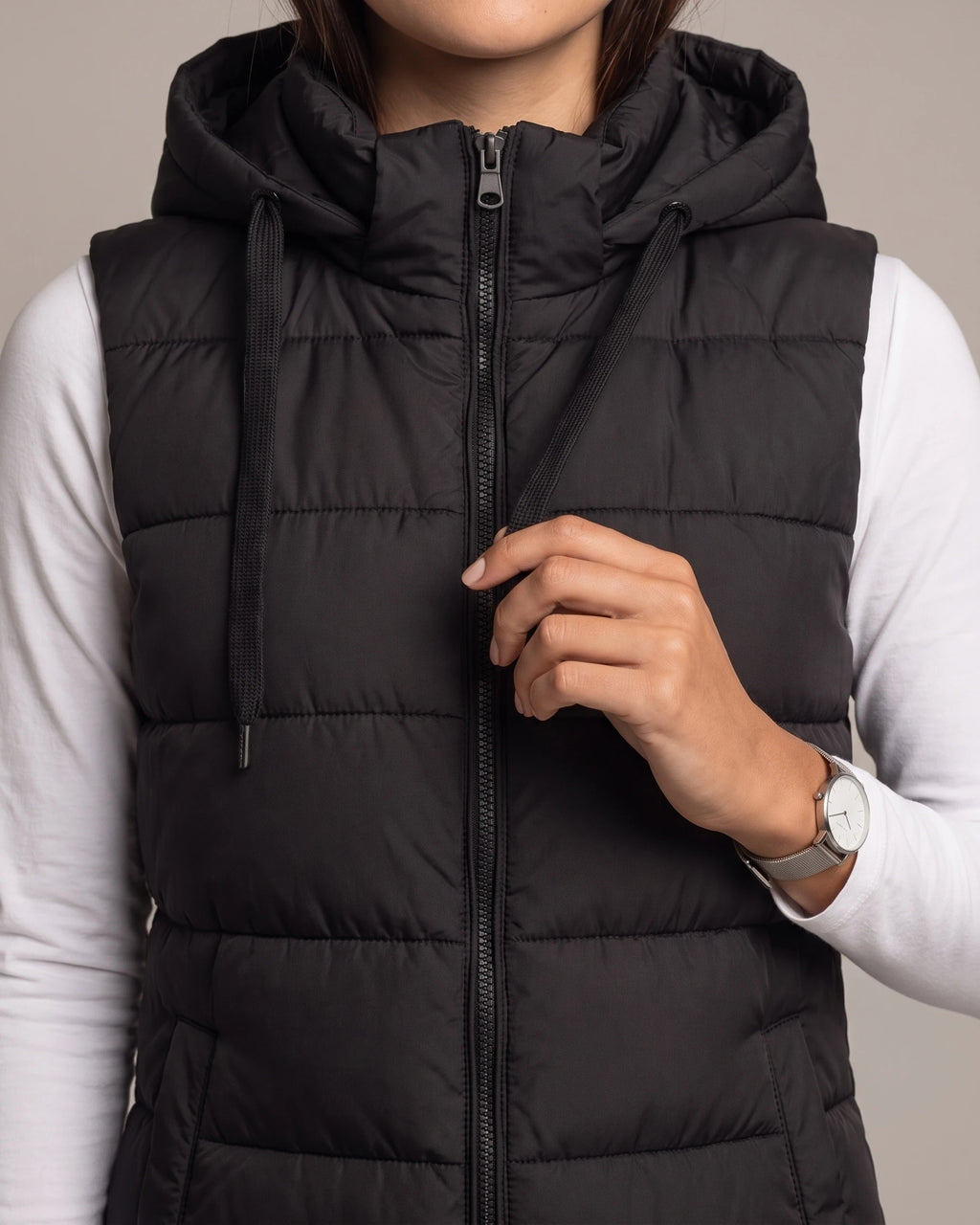 Women's Hooded Puffer Gilet Body Warmer, Longline with Front Zip and Slip Pockets – Wilhelmina