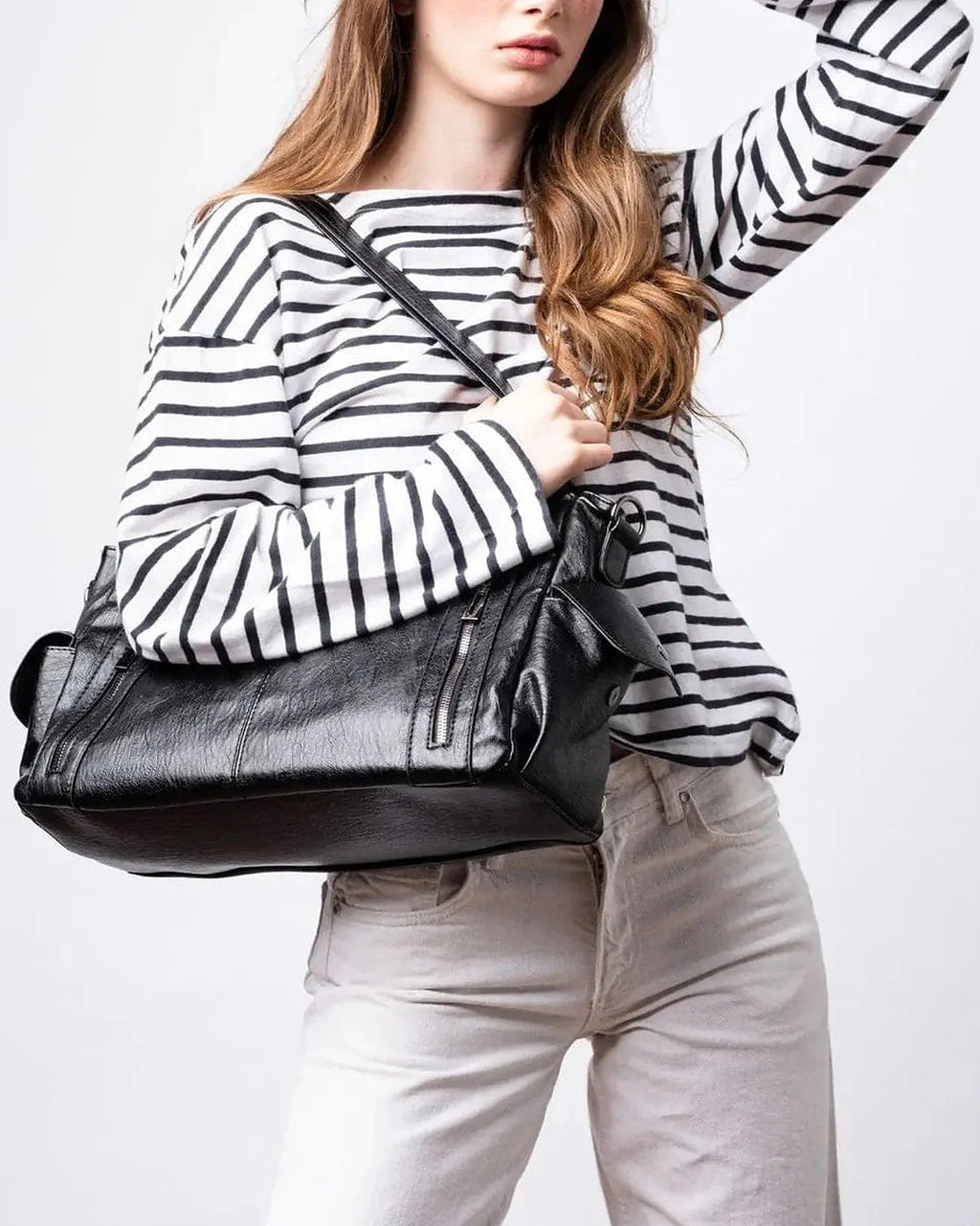 Women's Tote Bag and Shoulder Bag in Slouchy Faux Leather with Twin Zip Pockets – Quinn Lou