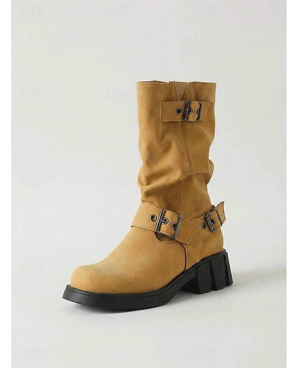 Women's Slouchy Mid-Calf Biker Boots with Buckle Straps – Gwen Jane