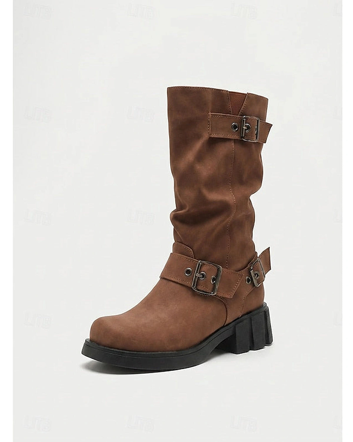 Women's Slouchy Mid-Calf Biker Boots with Buckle Straps – Gwen Jane