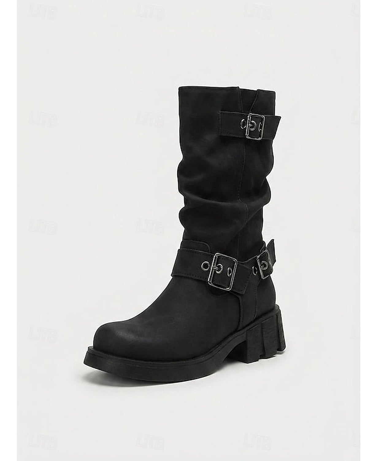 Women's Slouchy Mid-Calf Biker Boots with Buckle Straps – Gwen Jane