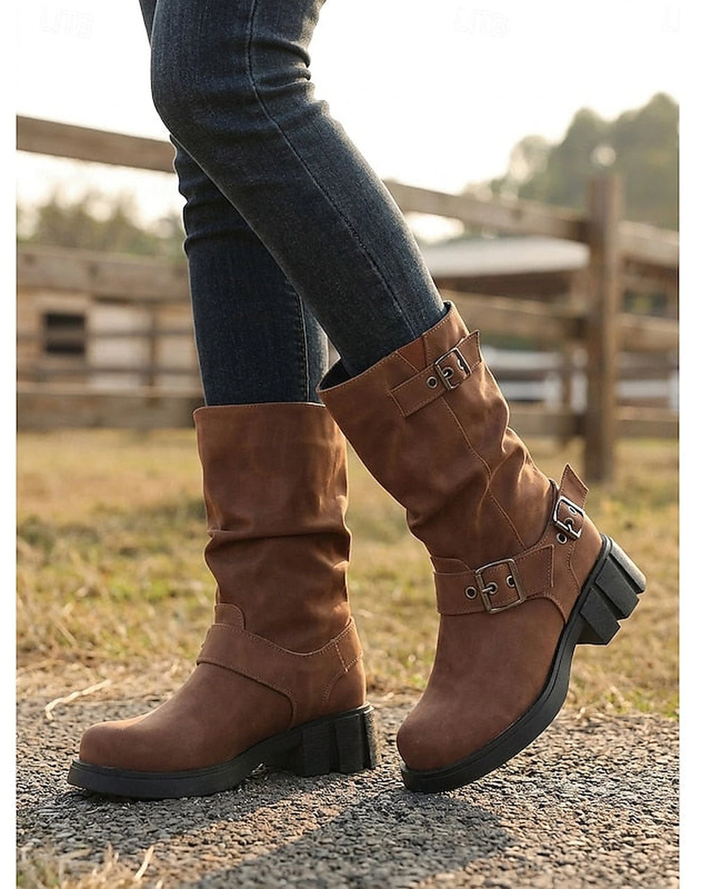 Women's Slouchy Mid-Calf Biker Boots with Buckle Straps – Gwen Jane
