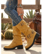 Women's Slouchy Mid-Calf Biker Boots with Buckle Straps – Gwen Jane