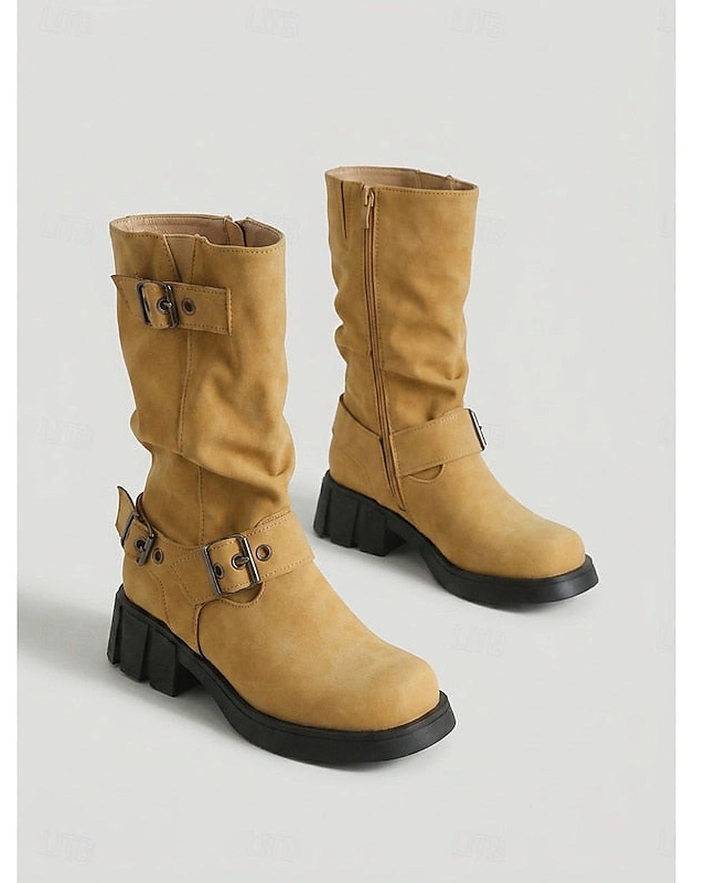 Women's Slouchy Mid-Calf Biker Boots with Buckle Straps – Gwen Jane